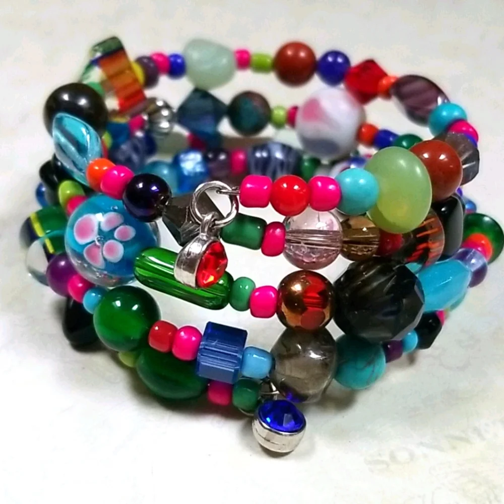 Hand Crafted Vintage Glass and Turquoise and Semi-precious Bead Wrap Bracelet - Picture 16 of 16